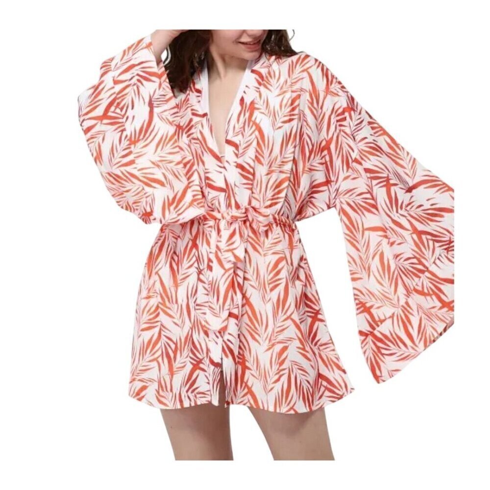 Bolder Kimono L Orange Tropical Resort Coverup Belted Boho Western Feminine‎ 80s